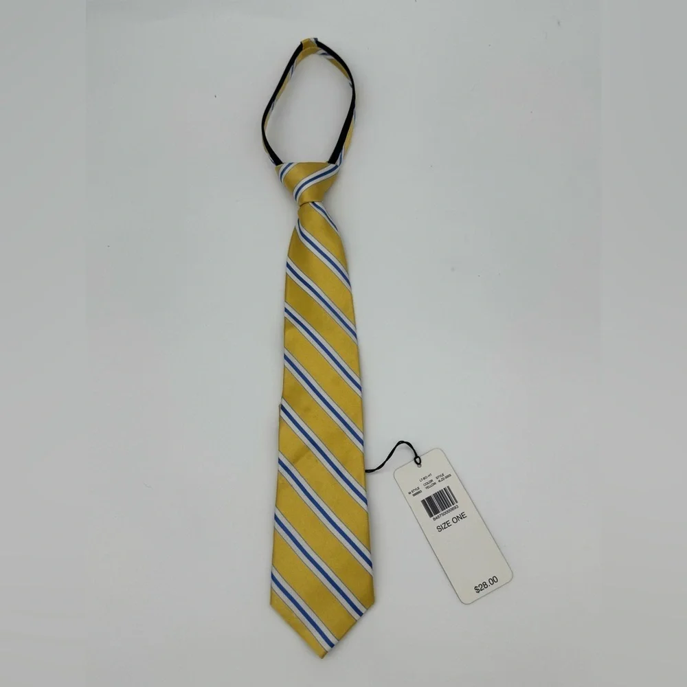 NWT Boys 100% Silk Clip on neck tie striped yellow blue adjustable zip easy on